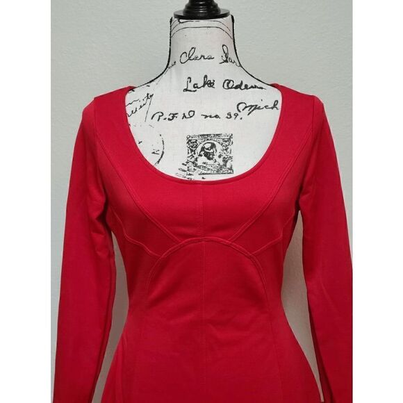 ❤️ Long Ruffle Sleeve Front Slit Bodycon Boat Neck Party Midi Red Dress M NEW - Picture 10 of 17